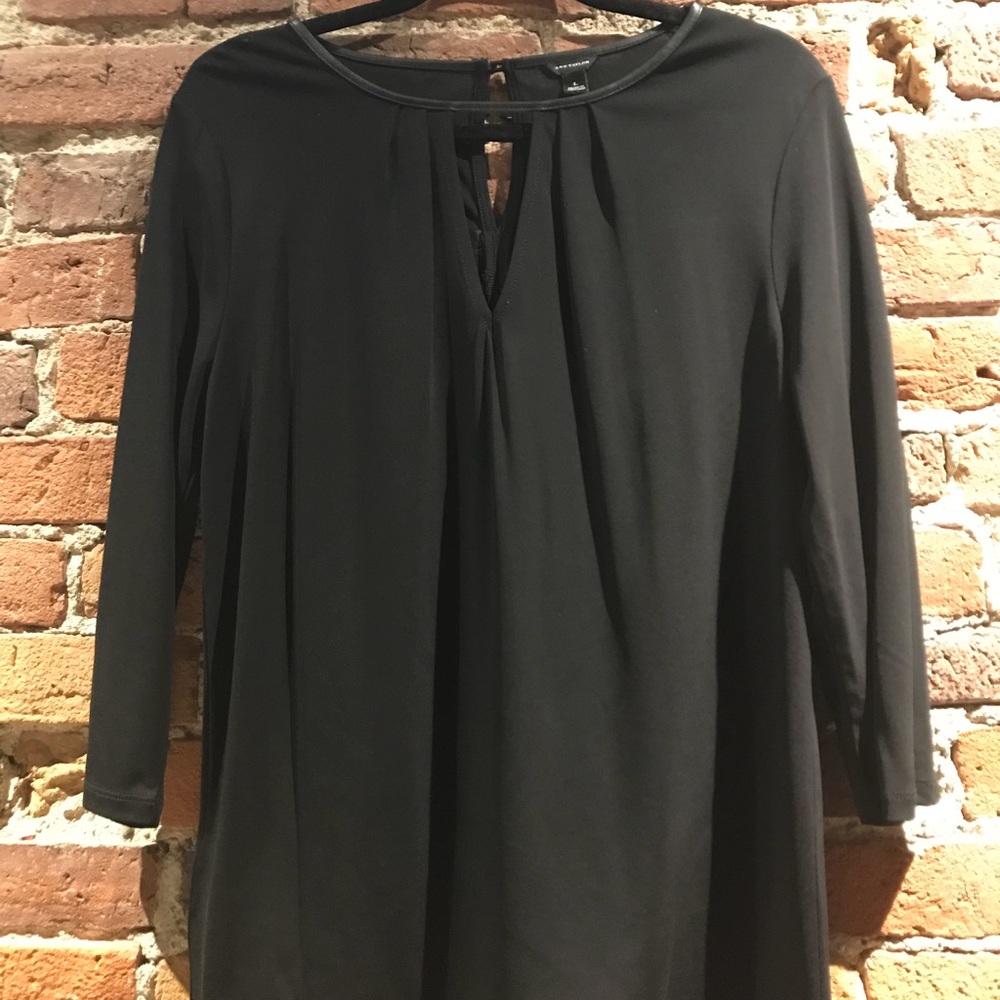 NWOT- Ann Taylor Black V Neck Leather Trim Top